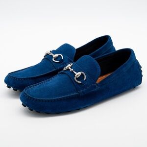 size 7G 7.5 US Gucci Blue Suede Loafers Driver Horsebit Shoes Moccasin